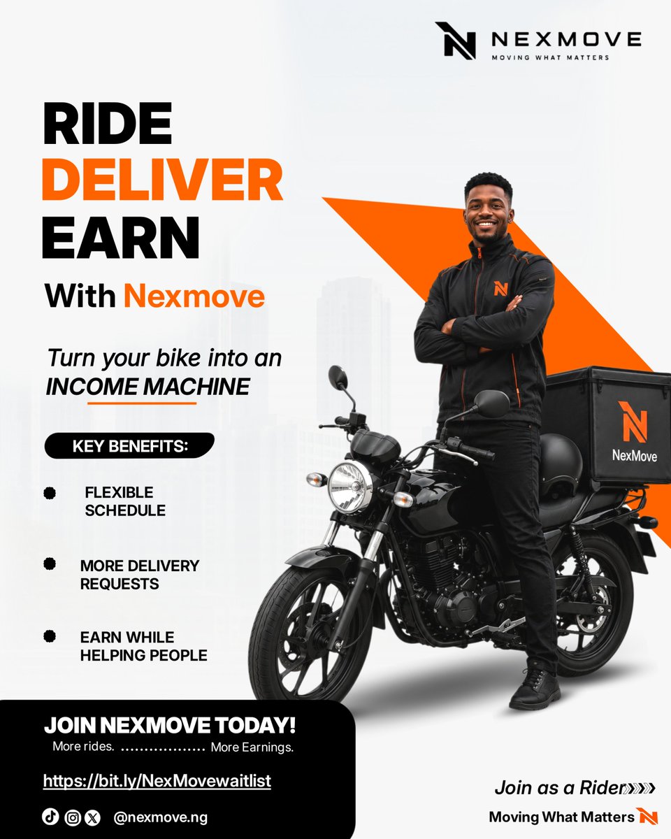 usenexmove's tweet photo. Opportunity is always moving, and so are we.
If you're ready to put your riding skills to work, join a platform built to connect riders with consistent delivery opportunities while creating value.
Drive your journey forward with NexMove.
#NexMove #Logistics #RideAndEarn https://t.co/JkiOypKBrt