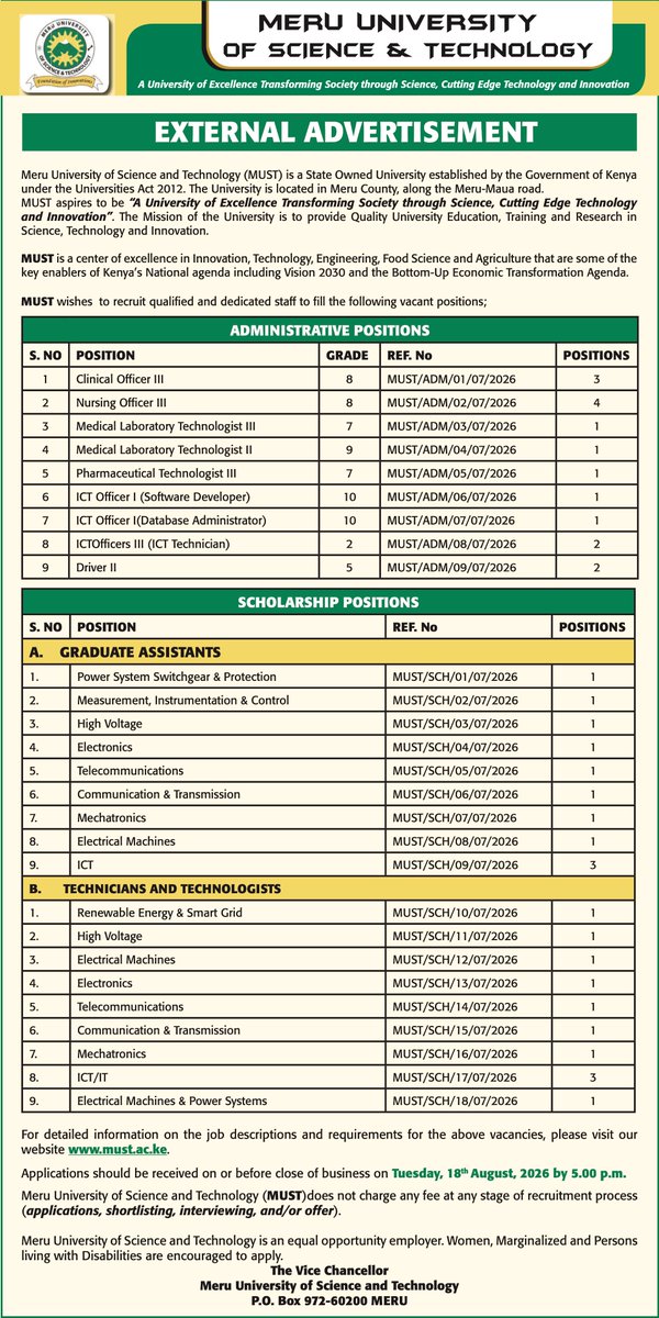 MyGovKe's tweet photo. Meru University of Science and Technology wishes to recruit qualified staff for (38) various vacant positions

For detailed information on the job descriptions and requirements for the above vacancies, please visit their website https://t.co/mGiRm7PeHE.

Deadline: August 18, 2026 https://t.co/NkjiAkTvWv
