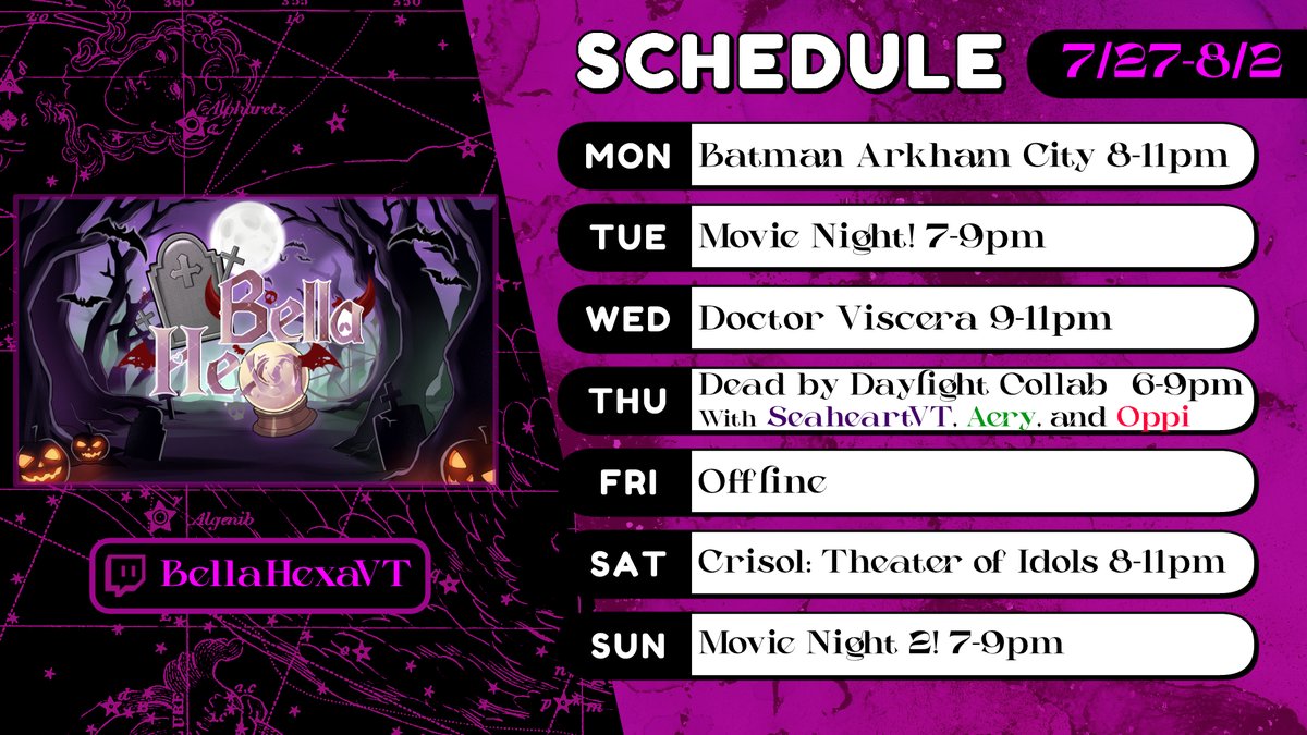BellaHexa's tweet photo. Big things happening this week! 3 new games, 2 movie nights, and a star studded collab hosted by @SeaheartVT !! 🔮
Also here's my new logo in full, complete with a spooky background from Rou! 💜
Stream schedule by Saber Ramiu (VGEN)
Logo by @RouKamizuru https://t.co/X682BoiIj4