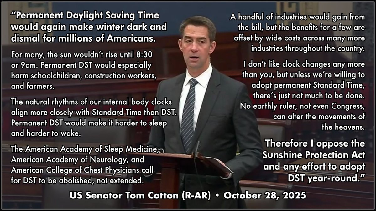SaveStandard's tweet photo. Thank you, @SenTomCotton, for stopping permanent Daylight Saving Time last year! Please stop it again this year, and replace it with permanent Standard Time! https://t.co/YiJYEsIKLu