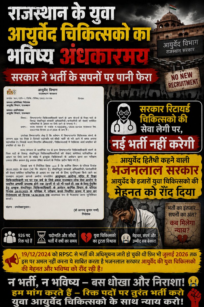 bulkesh_moond's tweet photo. "926 पद रिक्त है @dr.premchandbairwa
"घोषणा से रोजगार नहीं मिलता, भर्ती से मिलता है।"
"युवा आयुर्वेद चिकित्सकों को न्याय दो।" https://t.co/c3mGxkwUVY