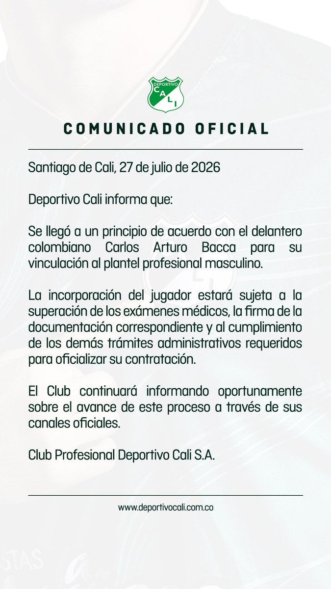 DeportivoCaliCP's tweet photo. ✍🏼𝐂𝐎𝐌𝐔𝐍𝐈𝐂𝐀𝐃𝐎 𝐎𝐅𝐈𝐂𝐈𝐀𝐋

Deportivo Cali ha llegado a un principio de acuerdo con el delantero Carlos Bacca. https://t.co/DIBWZNDGAR