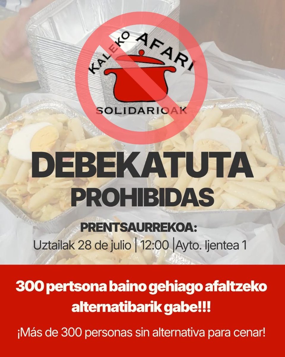 larbelaitz's tweet photo. AZKEN ORDUKOA: Gogoratzen Kaleko Afari Solidarioei nola debekatu zien Donostiako Udalak Egian etxegabeei janaria banatzea?

Gaur jakinarazi diete “hiriko espazio publikoetan” debekatu dietela, beste auzoetan ere bai, alegia.

Biharko urgentziazko prentsaurrekoa deitu dute. https://t.co/N8fRz5pIl3