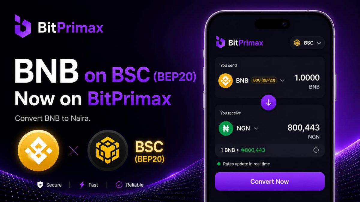 BitprimaxHQ's tweet photo. BNB ON BSC (BEP20) NOW AVAILABLE ON BITPRIMAX

- Coin: BNB
- Network: BSC (BEP20)
- Min Deposit: 0.002

Convert BNB to Naira with ease on BitPrimax. https://t.co/9iy8gXk2z2