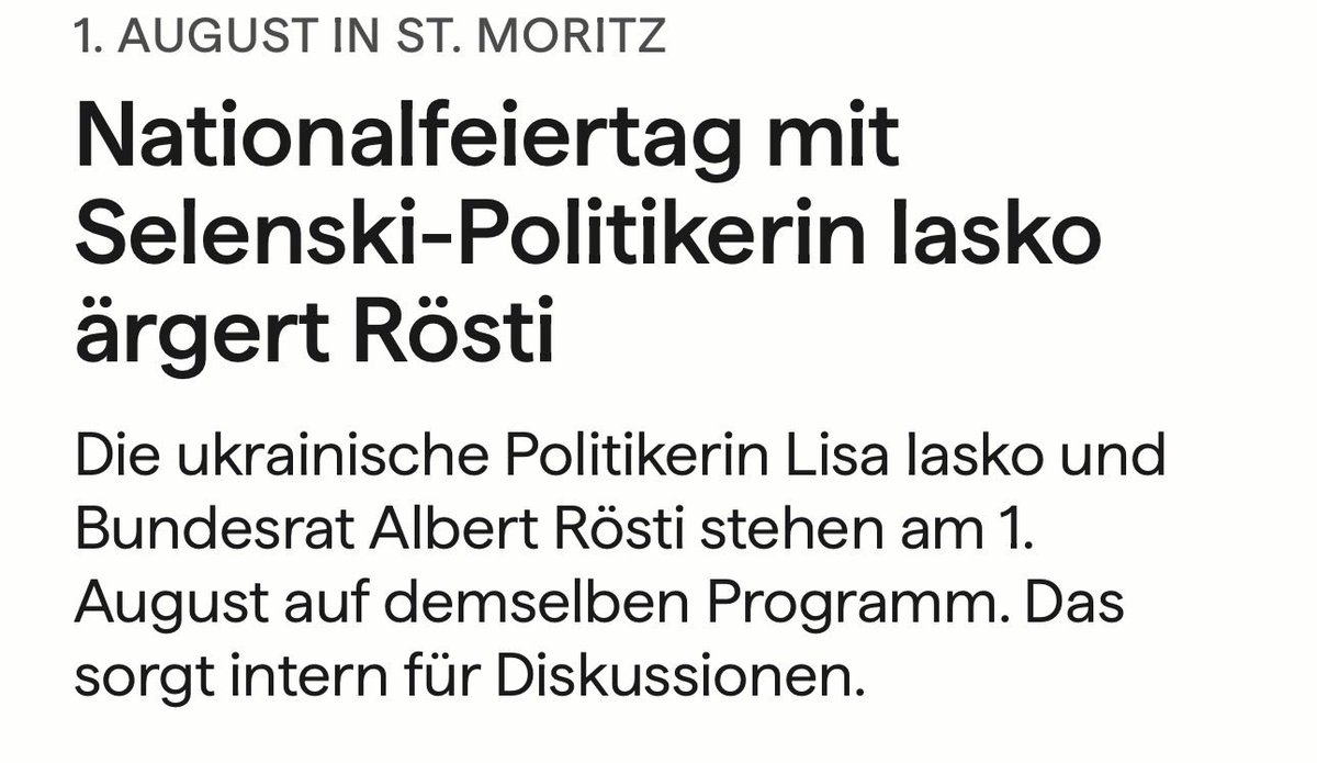 lupostmoritz's tweet photo. Das ist kein Witz - aber ein unglaublicher Affront, nicht nur der Partei (SVP) des Bundesrates, sondern auch der CH-Bevölkerung gegenüber. Als gäbe es in der CH niemand der am Nationalfeiertag die Werte des Landes thematisieren kann.. nein, er holt eine Politikerin einer, in einen stupiden Krieg verwickelten, und korruptesten Regierungen weit und breit auf die Bühne! Immerhin: die nehmen ja kein sauberes Geld../ oder?