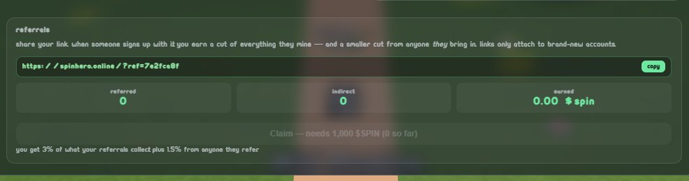 spinherogame's tweet photo. And you don't have to mine alone.

Refer someone and you earn a cut of everything they mine — plus a cut from everyone *they* bring in.

Build a team, earn off the whole thing. https://t.co/kHAyXez3vz
