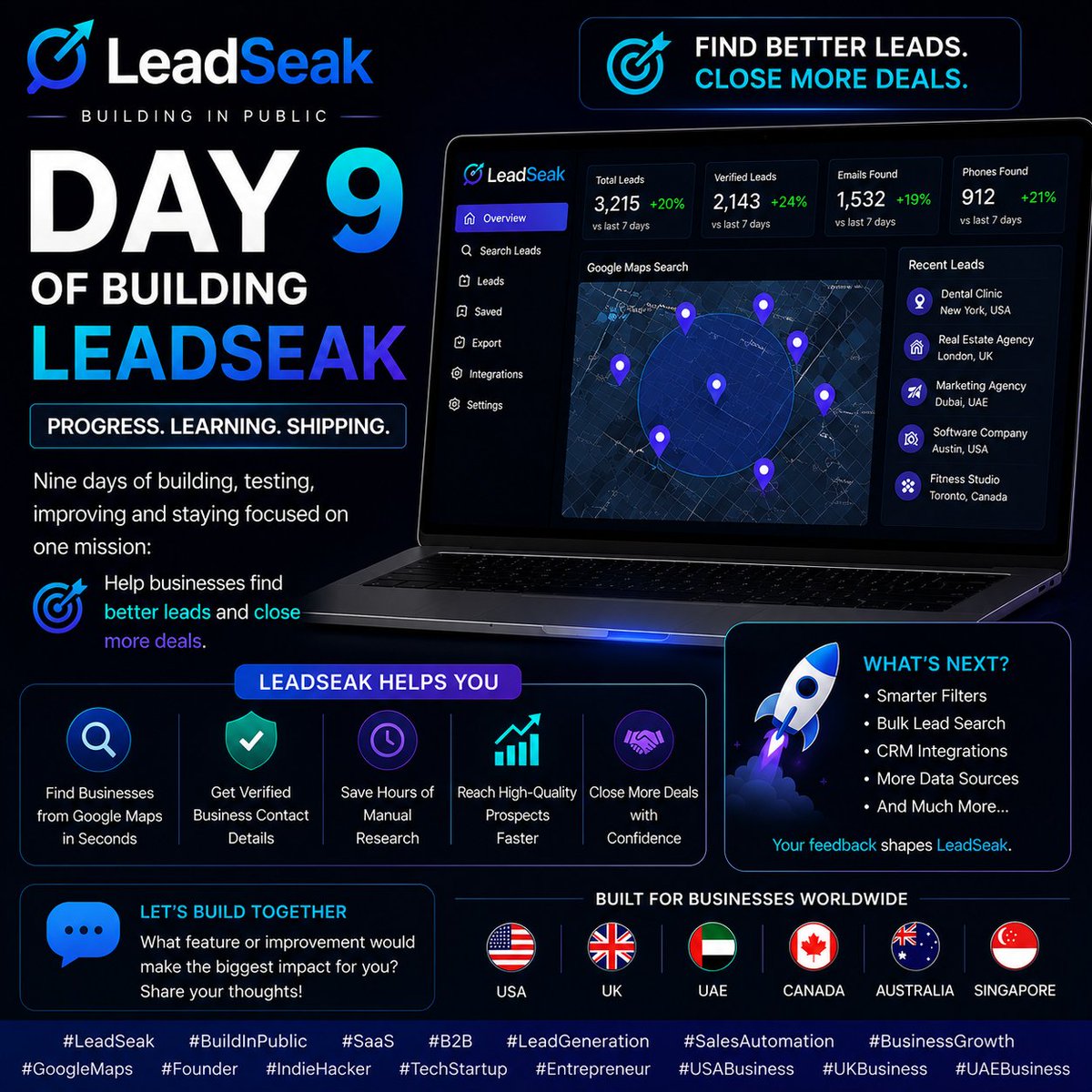 jaffery_for's tweet photo. Day 9 of building #LeadSeak

The goal isn't to find more leads.

It's to find the right leads.

Building a faster way to discover verified Google Maps business contacts.

#BuildInPublic #SaaS #B2B #LeadGeneration #Sales #Founder #USABusiness #TechStartup https://t.co/aW7ET0oYOz