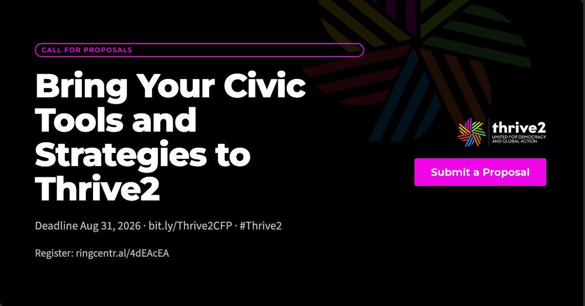 elemenous's tweet photo. Have a civic tool, strategy or resource people can use within 7β30 days? Share it at #Thrive2 through a workshop, clinic, solution lab, showcase or recorded contribution.
Proposals due Aug. 31: https://t.co/CDPZ9U7Jo5
#CallForProposals #DemocracyInAction https://t.co/5h3vdhQko4