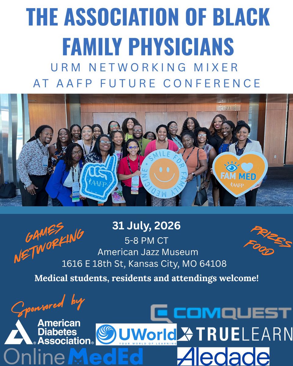 _Abfmp's tweet photo. Hey everyone! We're having our annual mixer at the AAFP Future Conference on Friday July 31st at the American Jazz Museum at 5pm CT. It’s a free networking event with food, games, and prizes! All URM are invited! Y’all don’t wanna miss it! 🎉 https://t.co/C5cFo6NS2Z