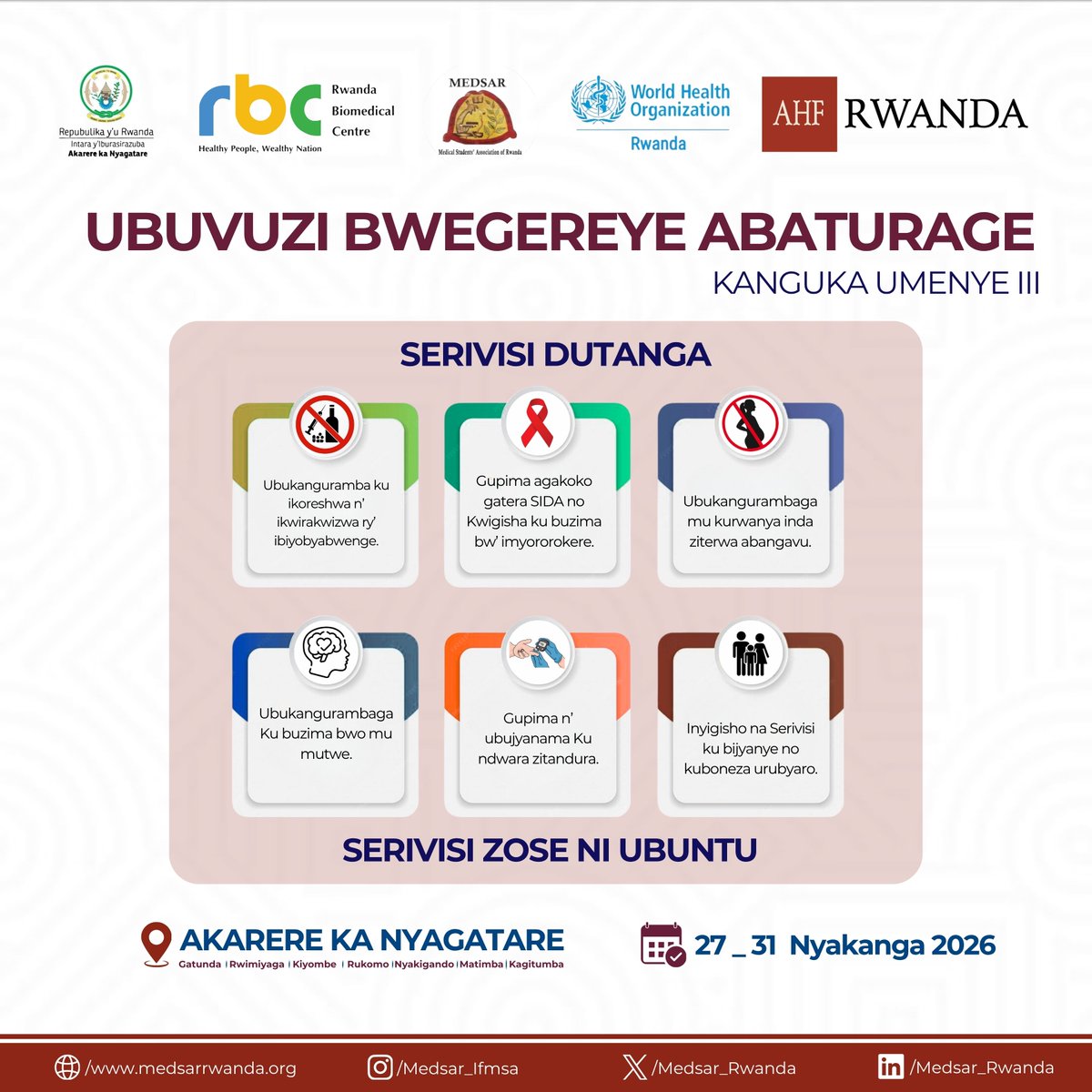medsar_rwanda's tweet photo. A heartfelt appreciation to the Vice Mayor in Charge of Social Affairs, Nyagatare District @murekajul , and the Director of Nursing and Midwifery at Nyagatare District Hospital (@NyagatareHospit ) for their continuous support and commitment to the MEDSAR Community Health Camp 2026 | Kanguka Umenye Phase III.

We are grateful for their engagement with the community through Radio Rwanda (@Radiorwanda_RBA ) Nyagatare, where they informed the public about the upcoming health camp and encouraged residents to benefit from the services that will be provided, including health education, prevention of substance abuse, and harm reduction, etc…

Your dedication to improving the health and well-being of the people of Nyagatare strengthens our collective efforts toward healthier communities. We look forward to welcoming everyone to the MEDSAR Community Health Camp, which will continue until Saturday.

#KangukaUmenyeIII
#UmuturageKuIsonga
#MEDSARWorks

@NyagatareDistr | @RwandaEast 
@Cleophas_Barore | @rbarwanda 
@IGIHE |@NewTimesRwanda 
@nsanzimanasabin | @mnls_nke 
@BrianChirombo | @TKabuteni 
@JosephRyarasa
