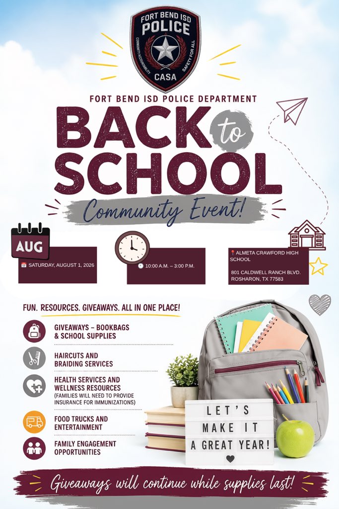 FBISDPolice's tweet photo. 🎒📚YOU’RE INVITED ! ✏️🎉

Join us for the 1st Annual Back-to-School Community Bash hosted by the Fort Bend ISD Police Department! https://t.co/QyHFv9ESsH