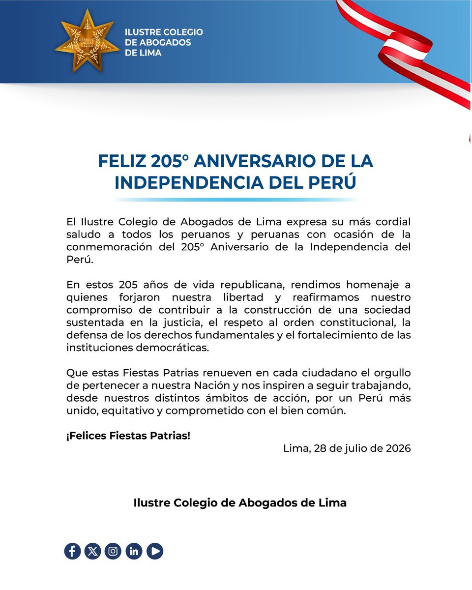 CALPERUOFICIAL's tweet photo. 🇵🇪 FELIZ 205° ANIVERSARIO DE LA INDEPENDENCIA DEL PERÚ

El Ilustre Colegio de Abogados de Lima expresa su más cordial saludo a todos los peruanos y peruanas con ocasión de la conmemoración del 205° Aniversario de la Independencia del Perú. https://t.co/XbTyhNTiP6