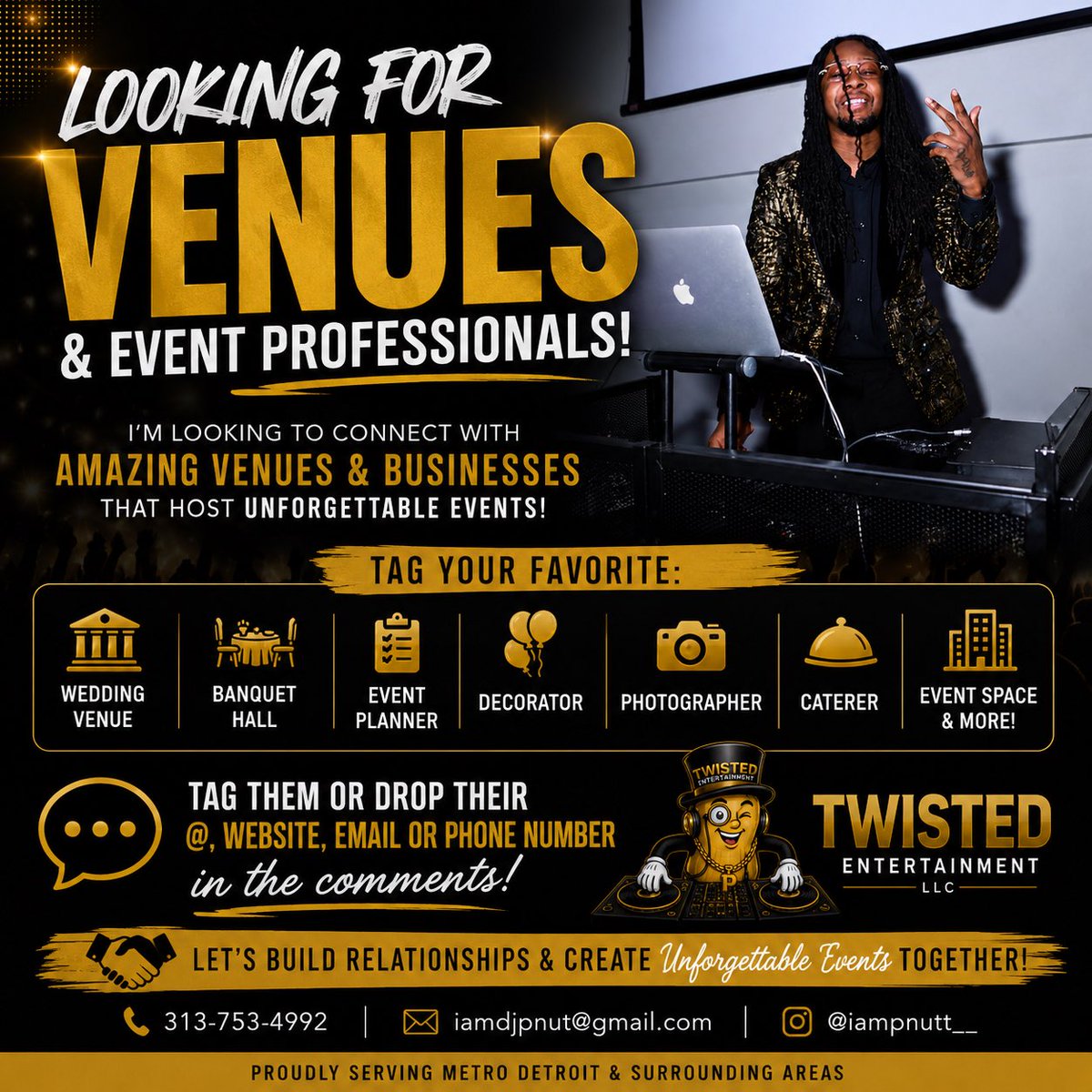 Iampnutt__'s tweet photo. 🚨 Metro Detroit, I need your recommendations! 🎧

I’m looking to connect with more venues, banquet halls, wedding planners, event planners, photographers, decorators, caterers, and event spaces throughout Metro Detroit.

👇 Tag your favorites below or drop their @ https://t.co/4xVQBnuAmB