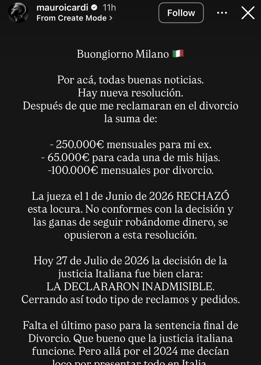 PolymarketSport's tweet photo. 🚨Mauro Icardi said his ex wife asked for €250,000 monthly for herself, €65,000 monthly for her children and €100,000 monthly for divorce compensation 

A judge rejected the demands and the Italian justice system rejected the appeal https://t.co/DlENSh7wzQ