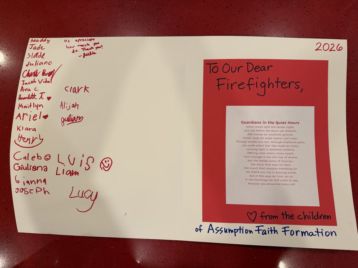 WRFire's tweet photo. A big THANK YOU to the children of Assumption Faith Formation for the Thank You card.  We are proud to serve and appreciate your support!  #woodridge #fire https://t.co/TErdzpaEtV