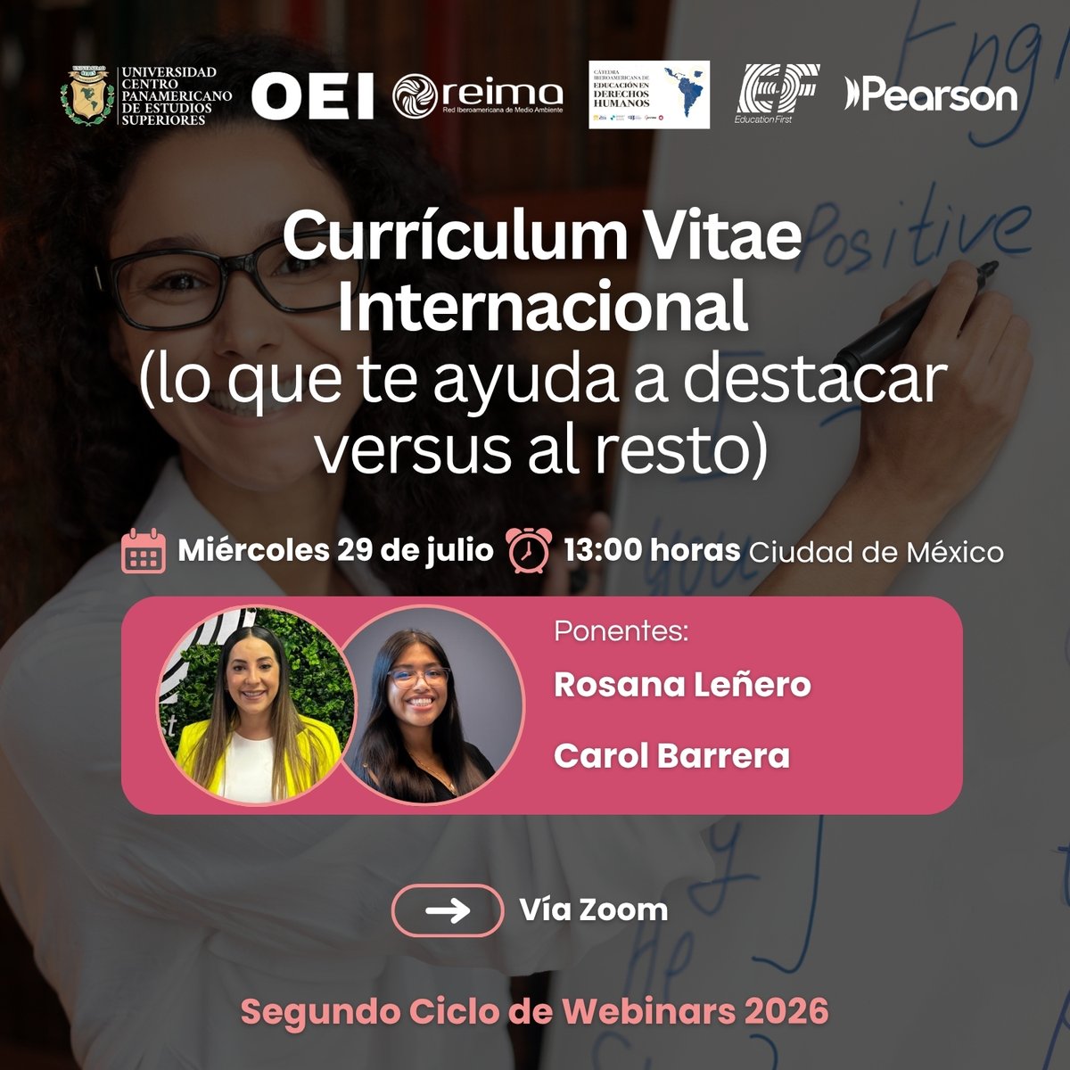 oeimexico's tweet photo. 🌍 ¿Tu CV abre puertas... o pasa desapercibido?

En un mercado laboral cada vez más competitivo, un Currículum Vitae Internacional puede marcar la diferencia para destacar desde el primer vistazo.

📚 En el 2.º Ciclo de Webinars Gratuitos UNICEPES 2026, acompaña a Rosana Leñero y Carol Barrera en la charla: "Currículum Vitae Internacional (lo que te ayuda a destacar versus al resto)".

📅 29 de julio
🕐 13:00 h (CDMX)
💻 Evento gratuito
Descubre recomendaciones prácticas para fortalecer tu perfil profesional y aumentar tus oportunidades en procesos de selección nacionales e internacionales.
👉 Inscríbete aquí: https://t.co/PosVYTZwfQ