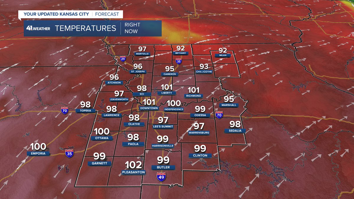 JeffPenner2020's tweet photo. It'as too hot! We are on the last day of high heat for this week as the 1st of 2 cold fronts arrive tonight. This front is helping to create a few showers and T-Storms across northern Missouri. As this front gets closer tonight, a few showers/T-Storms may affect KC after 9-10 PM. https://t.co/BOYjAZlJu5