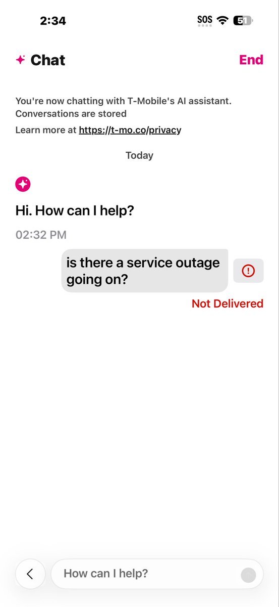 jackiechula's tweet photo. @TMobile is there a service outage going on? LA Ca.  (Downey) and Seal Beach areas. Our phones on 🆘 mode for a while now (2:30pm) Chat feature on app not responding. https://t.co/OiX4T1q56s