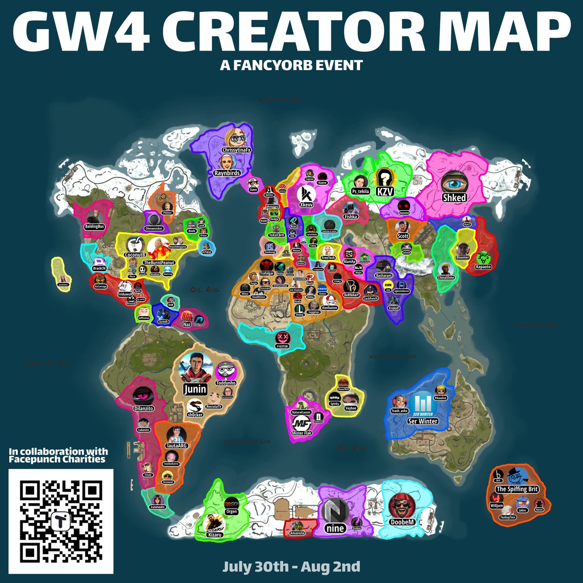 FancyOrb_'s tweet photo. The final Global Warfare 4 Creator Map 🌍

In 3 days, hundreds of creators and players will be simulating Earth Civilization in Rust. We have players from all around the world ACTUALLY representing their country in the event!

There are over 300 creators playing in this event- the ones you see on this map are taking on leadership roles for their country

4 days of action packed cinema in Rust. This will make for some of the most immersive, story driven live content Rust has ever seen