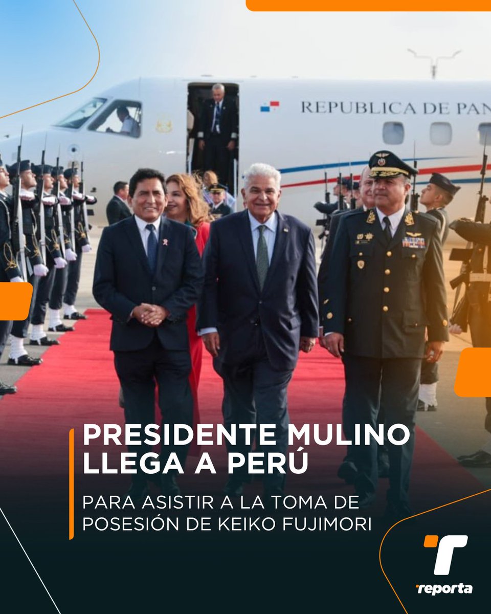 TReporta's tweet photo. El presidente de Panamá, @JoseRaulMulino, llegó este lunes a Lima, Perú, para asistir este martes 28 de julio a la ceremonia de toma de posesión de Keiko Fujimori para el periodo 2026-2031.

El presidente Mulino y la primera Dama, Maricel Cohen de Mulino, fueron recibidos con honores por el ministro de Producción, César Quispe.

Además de participar en los actos de juramentación presidencial, el mandatario panameño también sostendrá una reunión bilateral con Fujimori para abordar temas comerciales, de inversiones y seguridad.

Durante este viaje oficial, el presidente Mulino también se encuentra acompañado del canciller, Javier Martínez-Acha.

La Cancillería de Perú tiene confirmada la asistencia de otros siete mandatarios de Latinoamérica: Javier Milei, de Argentina; Rodrigo Paz de Bolivia; José Kast, de Chile; Santiago Peña, Paraguay; Yamandú Orsi, Uruguay; Nasry Asfura, Honduras, y Daniel Noboa, de Ecuador. También asistirá el rey de España, Felipe VI.