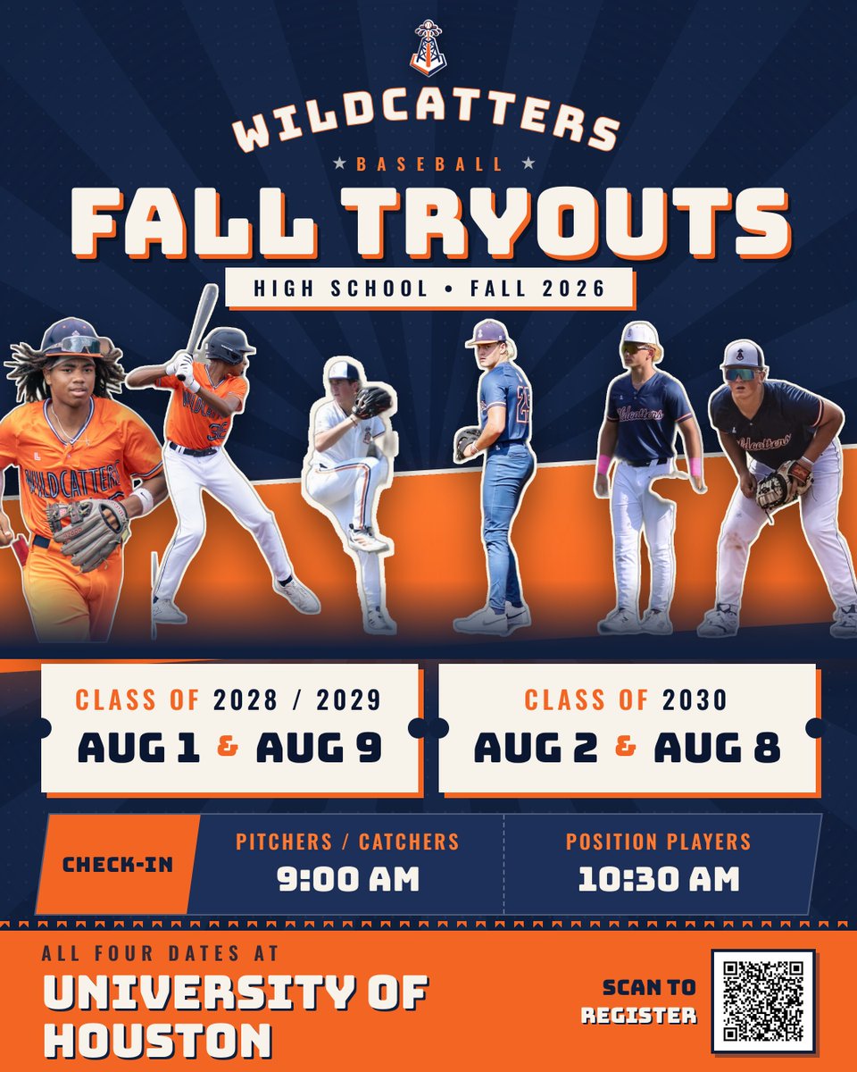 WildcattersHS's tweet photo. WILDCATTERS HS FALL 2026 TRYOUTS 

High school players, it's your time.

Wildcatters Baseball is looking for driven athletes ready to compete, develop, and represent something bigger this season. Bring your work ethic, your edge, and your goals-we'll bring the opportunity to grow.
Register now for Wildcatters High School Tryouts.

🔗 https://t.co/xd8ZtoWhOt

@WildcattersBB | @AmbresChip | @K5vinWitt | @CoachCCom