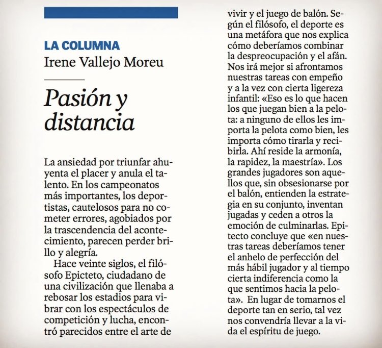 sanz_ismael's tweet photo. “La ansiedad por triunfar ahuyenta el placer y anula el talento”. Irene Vallejo recupera una lección de Epicteto: afrontar nuestras tareas con empeño, pero también con cierta ligereza. Pasión por hacerlo bien y distancia para no quedar paralizados por la obsesión de no fallar. @irenevalmore