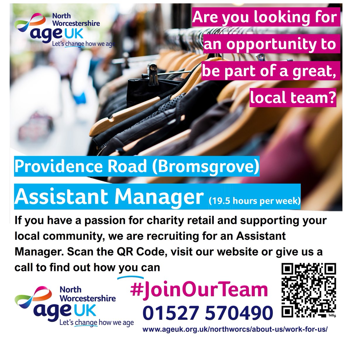 AgeUK_BRWF's tweet photo. 📢We’re hiring! Charity Shop Assistant Manager – Providence Road (#Bromsgrove)
✅For details visit 🔗https://t.co/jhefzjr8LW
If you love retail, want to support your local community and be part of a great, local team we would love to hear from you! https://t.co/rBDHDAlVsq