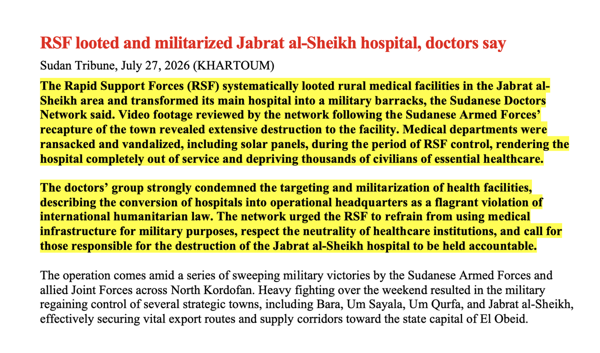 sudanreeves's tweet photo. Does anyone really imagine that the Rapid Support Forces (#RSF) can form a constructive part of any governance arrangement in #Sudan? Their legacy to date is one of death and destruction. The genocidal assaults on El #Geneina and El #Fasher; the brutal siege of El #Obeid; the massive destruction left in #Khartoum and #Omdurman; the collapse of security and meaningful governance in #Nyala—all make clear that the RSF has no interest in governing Sudan. The ambitions of this genocidal militia force extend only to conquest for power and wealth, which they regard as interchangeable.
We should see the RSF militarization of Jabrat al-Sheikh hospital and subsequent looting as emblematic of these ambitions. And we should see in the #UAE’s continuing support of those ambitions the cruelest form of a new colonialism—conducted at a distance by means of a ruthlessly authoritarian control of vast petro-wealth.