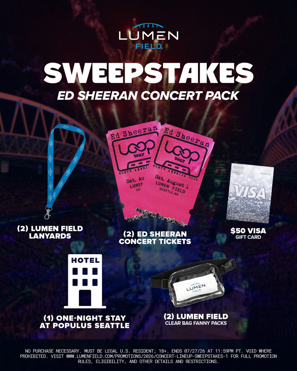LumenField's tweet photo. Win the ultimate Ed Sheeran Concert Pack! 🎶

🎫 (2) Ed Sheeran concert tickets
🏨 One-night stay at @populushotel_seattle
⭐ Concert essentials from Lumen Field

To enter:
Follow @LumenField
Like this post
Re-tweet this post

#Sweepstakes | https://t.co/uxH6oidI4P https://t.co/ur9TciWOps