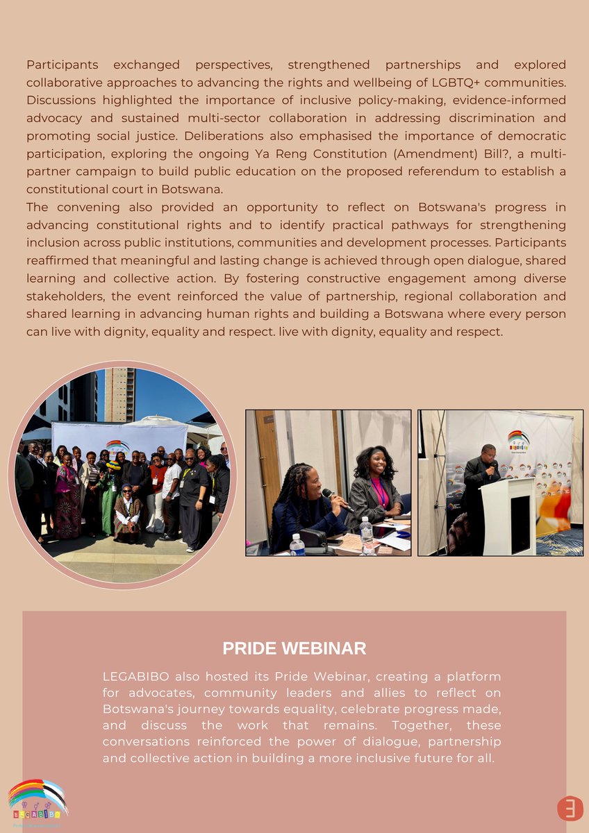 legabiboadvo's tweet photo. Our Quarter 2 Newsletter is here! ๐ฐ
Explore the launch of #LoratoKeLorato, community engagements, advocacy updates, and the work we're doing to advance equality, dignity and human rights in Botswana.
๐ Read here: https://t.co/cYlElkIZCn
#LEGABIBO #GataLeLEGABIBO #Q2Newsletter https://t.co/jIV4dGYVNU