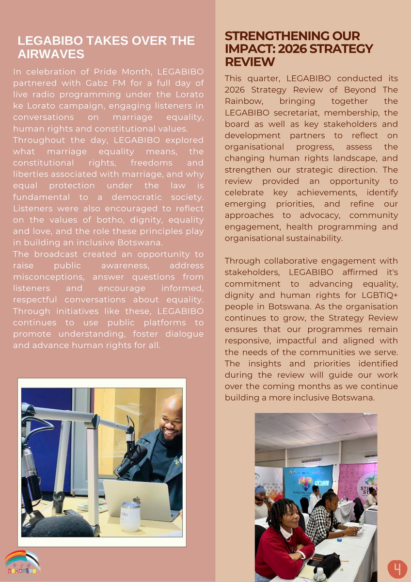 legabiboadvo's tweet photo. Our Quarter 2 Newsletter is here! ๐ฐ
Explore the launch of #LoratoKeLorato, community engagements, advocacy updates, and the work we're doing to advance equality, dignity and human rights in Botswana.
๐ Read here: https://t.co/cYlElkIZCn
#LEGABIBO #GataLeLEGABIBO #Q2Newsletter https://t.co/jIV4dGYVNU