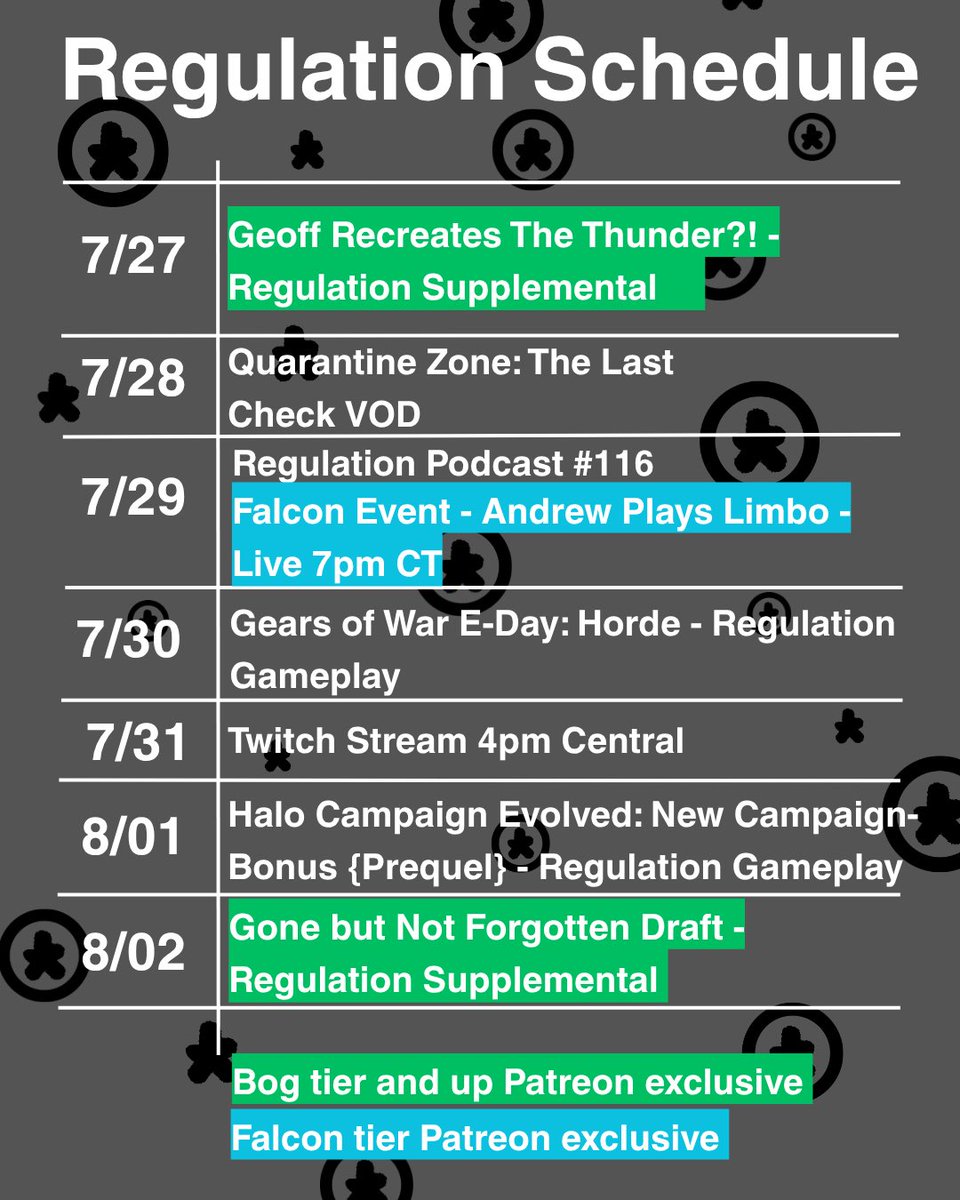 RegulationPod's tweet photo. Regulation Schedule for the week! 
We got tons of awesome content coming your way! https://t.co/xIcPrwYhEB