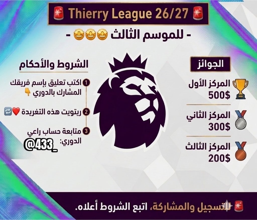 433_'s tweet photo. 🚨 Thierry League 26/27 🚨

🏅الأول: 500$
🥈الثاني: 300$
🥉الثالث: 200$ 

الشروط كالتالي:
- اكتب تعليق بإسم فريقك المشارك بالدوري👇
- ريتويت هذه التغريدة 🔁❤️
- متابعة حساب راعي الدوري:  @433_

كود الدوري : tlxqff

https://t.co/zRjgpX5xHy https://t.co/0PAs9oP5sU