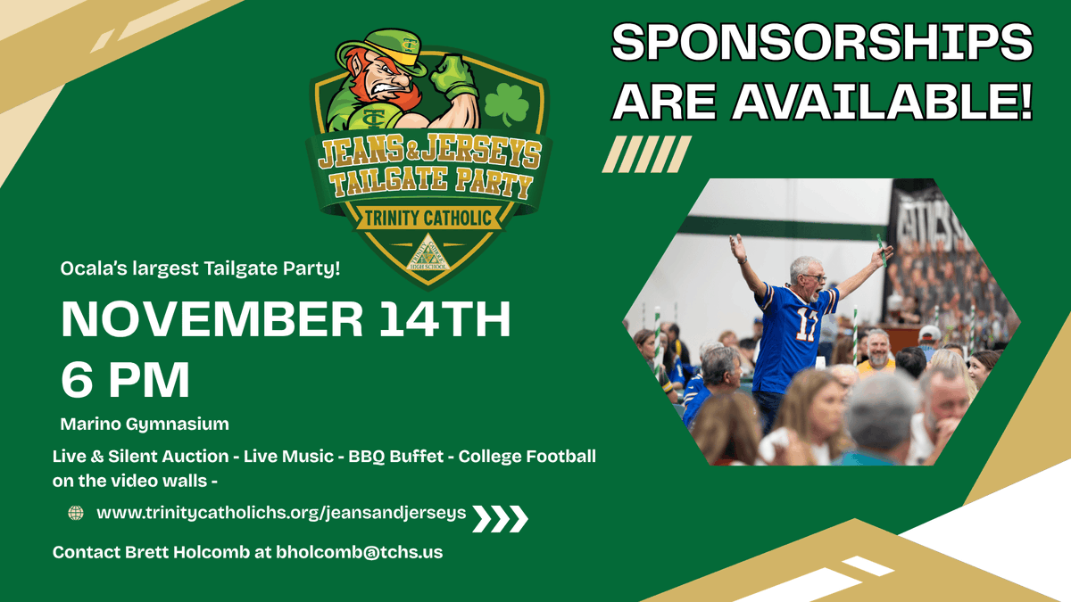 TCHSCeltics's tweet photo. 🏈👖 JEANS & JERSEYS IS BACK! 👖🏈

Join us for one of Trinity Catholic High School’s biggest nights of the year!

📅 Saturday, November 14, 2026
⏰ 6:00 PM
📍 Trinity Catholic High School
Come dressed in your favorite team jersey and enjoy:
🎸 Live music
🏈 College football on the video wall
🎯 Tailgate games
🔥 A delicious 4 Rivers Smokehouse buffet
🎁 Live and silent auctions
☘️ Plenty of Celtic spirit!

Over the past five years, Jeans & Jerseys has raised more than $700,000 to support campus safety, technology, athletics and the development of new academic programs at Trinity Catholic.

Sponsorship opportunities, auction item donations and event tickets are available. Help us make this year’s Jeans & Jerseys our biggest and most successful celebration yet!
Learn more and get involved:
https://t.co/alsZQDbCpe
Save the date, invite your friends and get ready to tailgate for Trinity!
#JeansAndJerseys #TrinityCatholic #HailTrinityHail #CelticPride #SupportTC #OcalaEvents #CatholicEducation