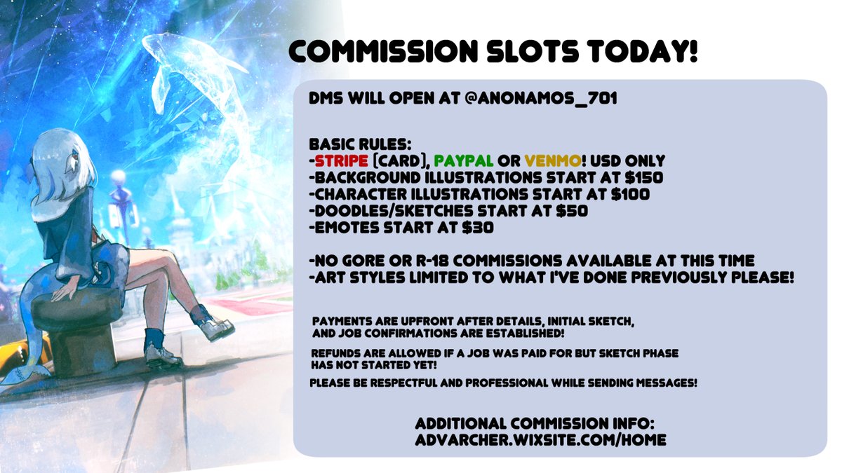 Anonamos_701's tweet photo. RT's Appreciated! 💙

Open today, taking 3 comm slots, DMs will be open til all 3 slots are taken!
DM for inquiries or for waitlisting if you want to hold a spot!

If you can't to DM me on twitter or can't to use Discord, please leave a comment and i'll manually reach out! https://t.co/x6x51b2kiz