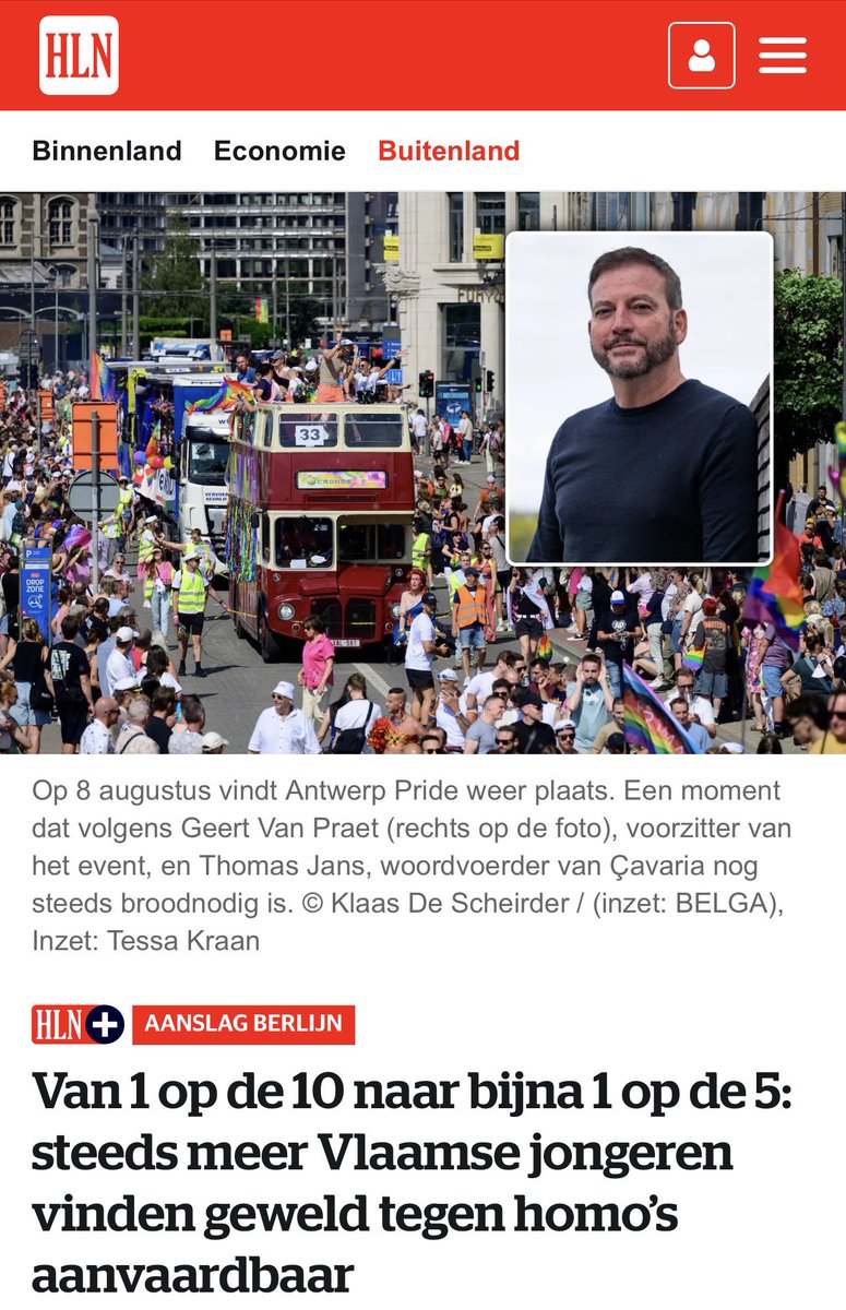JanWostyn's tweet photo. Ik blijf dit toch zeer raar vinden.

Een heel artikel op @HLN_BE over de mogelijke verklaringen van de stijging van homohaat bij jongeren, net nadat er een islamistisch geïnspireerde aanslag was tegen de Pride in Berlijn door een 21-jarige, maar bij de verklaringen komt men weer alleen maar uit bij… de manosfeer.

Over de invloed van online islamitische prekers, zoals gewoonlijk geen woord. Over de opvoeding die jongeren met diverse achtergrond meekrijgen, geen woord.

Wel abjecte citaten uit de commentaarsectie van…. een Braziliaanse krant !  Want ja, het krioelt hier van de Braziliaanse jongeren bij ons die daar de mosterd halen. Die Brazilianen toch ! 

We wéten dat onze Vlaamse jongeren een steeds diversere achtergrond hebben en dat in veel van de herkomstlanden van hun ouders de tolerantie tav homoseksualiteit een pak lager ligt of zelfs onbestaande is.

Maar dat eventjes vermelden? 
Nee, dat gaat niet, dat mag niet.

De manosfeer daarentegen! 

Hoelang houden kranten en commentatoren en belangenbehartigers die onhoudbare spreidstand nog vol?
