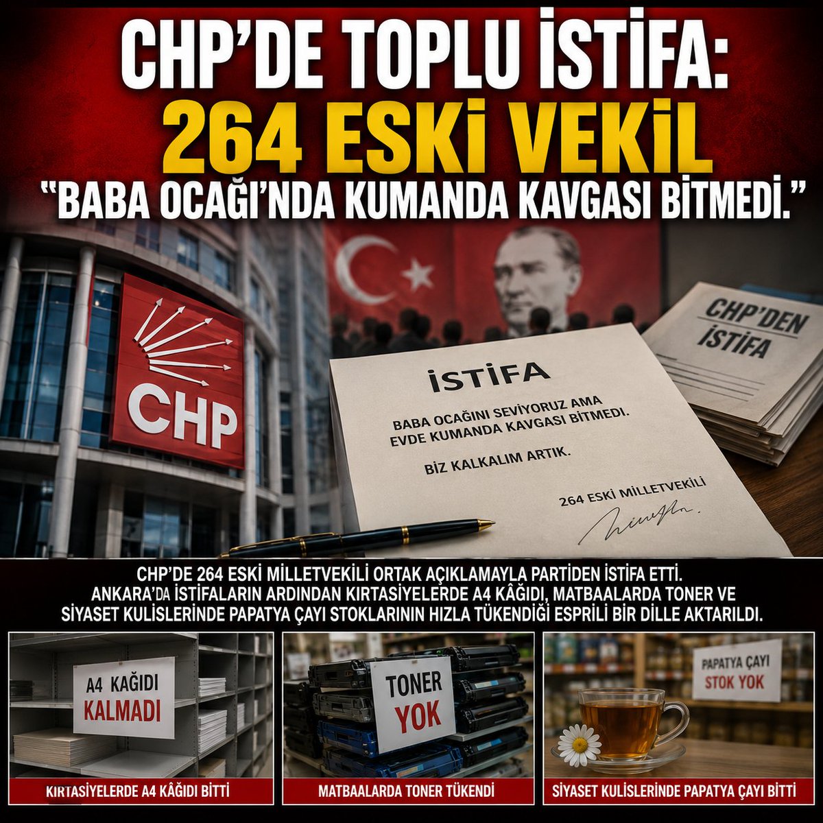 Edebiya60920231's tweet photo. CHP'DE TOPLU İSTİFA: 264 ESKİ VEKİL "BABA OCAĞI'NDA KUMANDA KAVGASI BİTMEDİ." https://t.co/6slip9qe5d