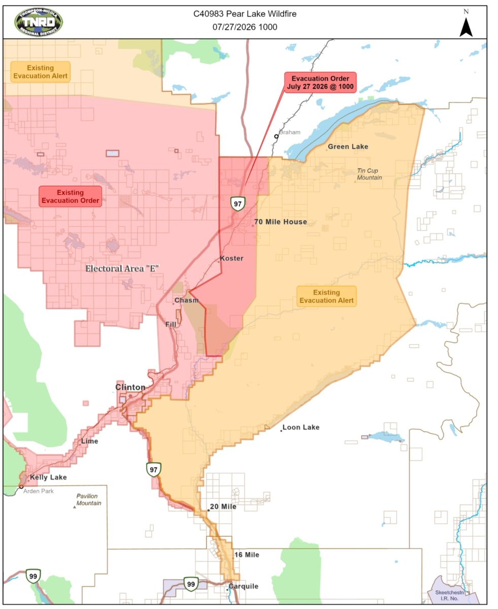 supermario_47's tweet photo. Here's the expanded evacuation order covering 70 Mile House that took effect at 10 a.m.

The order now covers ~650 @TNRD properties. The number reflects all evacuation orders due to the Pear Lake fire and the Fiftynine Creek fire, which merged together.

#Kamloops #ClintonBC https://t.co/XypAb0NoKe