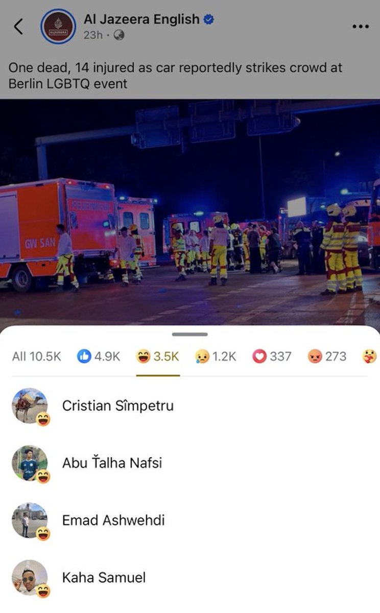 MaralSalmassi's tweet photo. 3.500 Lach-Emojis unter der Meldung von Al Jazeera English über eine Tote und zahlreiche Verletzte beim Berliner CSD. Dazu Kommentare wie: „Ist wenigstens das Auto okay?“ und „Respekt an den Täter.“

Man kann sich lebhaft vorstellen, wie es auf der arabischsprachigen Seite von Al Jazeera aussieht.

Wo genau endet hier der Islam und wo beginnt der Islamismus?

Und wie viele dieser weltoffenen Knuddelbärchen leben bereits unter uns?