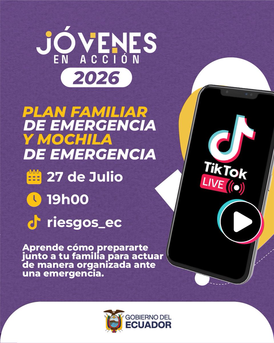 Riesgos_Ec's tweet photo. ¡La prevención empieza en casa!

Conéctate a la capacitación sobre Plan Familiar de Emergencia y Mochila de Emergencia y aprende a preparar a tu familia para actuar ante una emergencia.

📅 Hoy | 🕖 19h00
🎥 TikTok Live: @riesgos_ec

#GobiernoDelEcuador https://t.co/EyyTdqXxXd