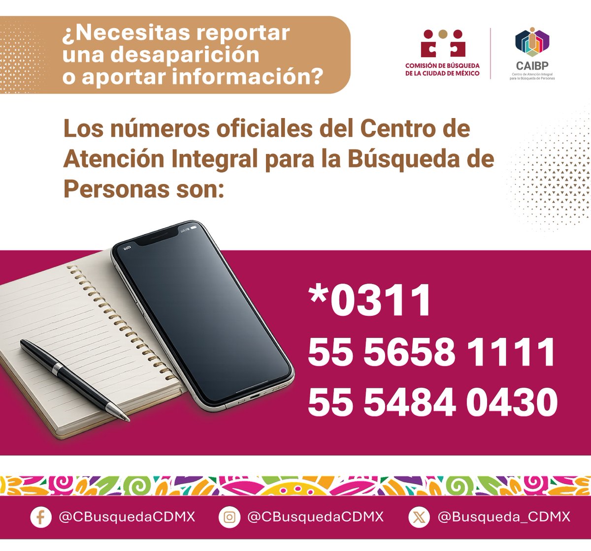 busqueda_cdmx's tweet photo. Si necesitas reportar una desaparición o aportar información importante a alguna búsqueda, estos son los números oficiales a los que te puedes comunicar.
#LaBúsquedaContinúa
#QueNadieNosFalte Ver menos https://t.co/8MemoBQdBG