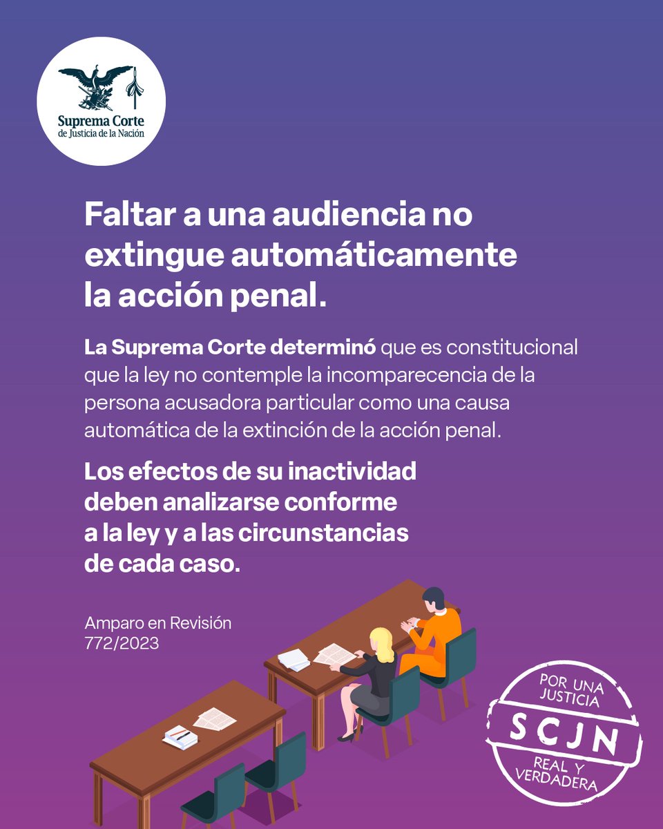 SCJN's tweet photo. 🟢La #SCJNresuelve que la ausencia de la persona acusadora particular en una audiencia no extingue automáticamente la acción penal.

Conoce el criterio. https://t.co/8fVDYV1aQy