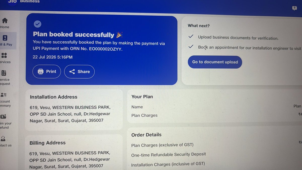 Anurag0217's tweet photo. @reliancejio @jio_fiber 
We have paid for corporate WiFi on 22/07/26 still we are struggling to get a connection 
This is the service jio gives for 100 mbps speed plan customers 
Can we get any solution https://t.co/5CH0qSPXn9