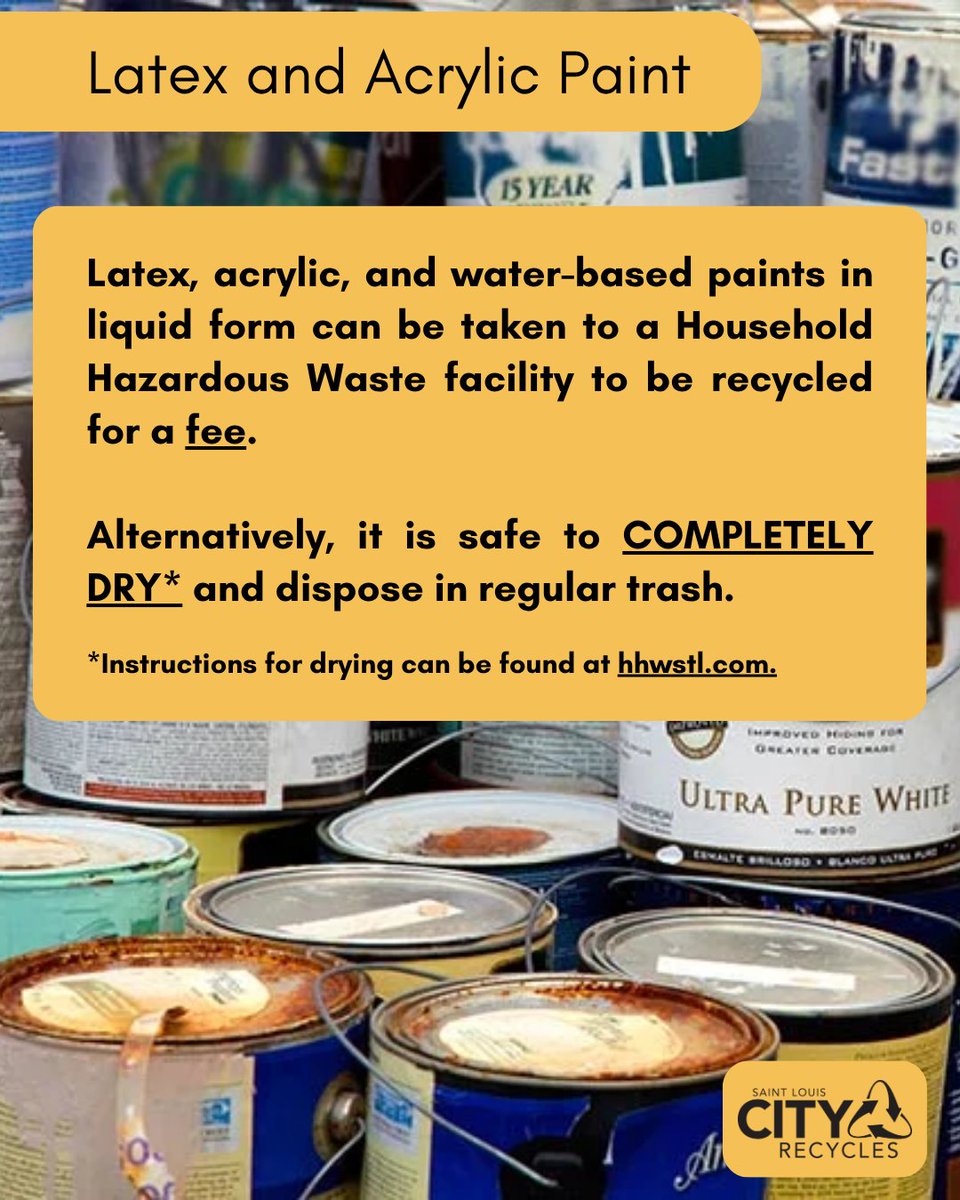 STLCityRecycles's tweet photo. Hey St. Louis, do you know how to dispose of old or leftover paint?

Visit https://t.co/729M0bIpuP for more information!

#STLCityRecycles #BrightsideSTL #STLCity
#RecycleCoach #STL https://t.co/tOYcEwmRZx