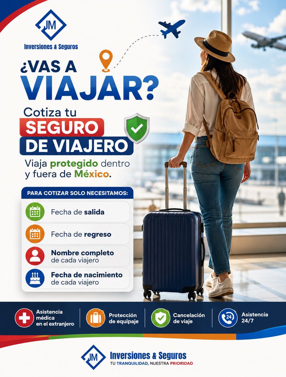 JMezoD's tweet photo. ✈️ ¿Viajas al extranjero? No olvides contratar tu Seguro de Viajero. Asistencia médica, protección durante tu viaje y tranquilidad donde estés. Cotiza sin compromiso. 📲🌎

#SeguroDeViajero #ViajaProtegido #Viajes #Travel #AsistenciaEnViaje #ViajaSeguro #México https://t.co/6X1luBqOp3