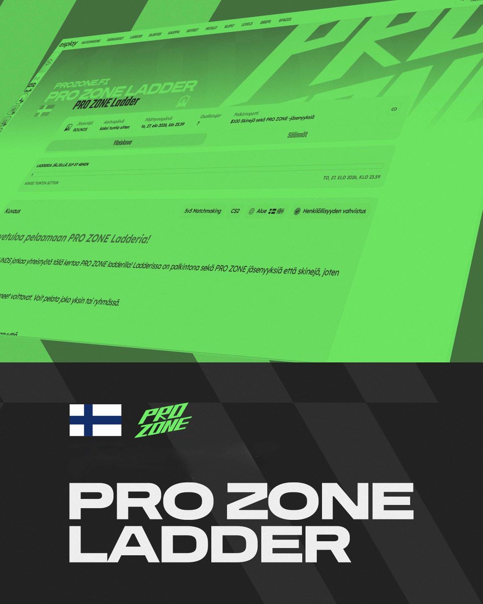 ProZoneFi's tweet photo. 🔥 PRO ZONE x ESPLAY YHTEISTYÖHÖN! 🔥

Pro Zone Ladderissa on palkintona sekä Pro Zone jäsenyyksiä että skinejä, joten grindaus päälle! 👇

https://t.co/vmCBg0slhQ

Liity mukaan, pelaa, ja voita! 💚
#esportsfi #cs2 #esplay #prozone https://t.co/t3vCaH7gV4