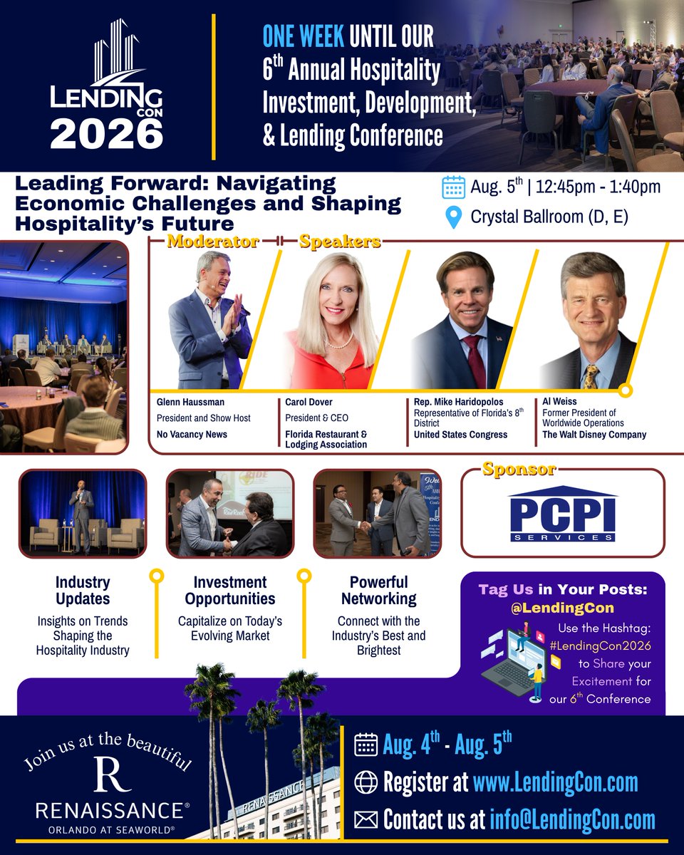 LendingCon_'s tweet photo. 📆 We are only ONE WEEK away from our 6th annual #LendingCon! Don't miss this incredible opportunity to learn and network with the biggest names in hospitality. Register today at: https://t.co/6vx2NolnUk

#FRLA #USCongress #WaltDisneyCompany https://t.co/uKFGaGk4Za