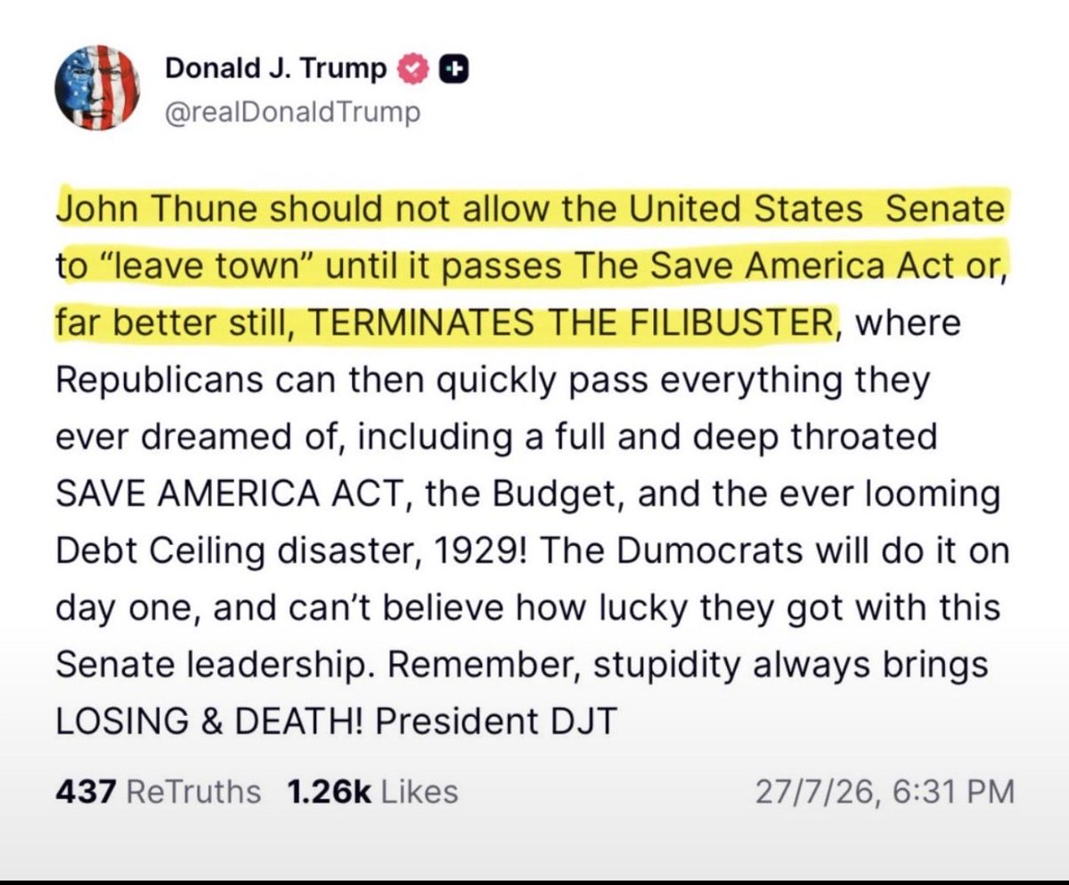 NicoCabrera92's tweet photo. John Thune no debería permitir que el Senado de Estados Unidos se vaya de vacaciones hasta que apruebe la Save America Act o, mejor aún, ELIMINE EL FILIBUSTERISMO, para que los republicanos puedan aprobar rápidamente todo lo que siempre soñaron, incluida una Save America Act completa y de gran alcance, el presupuesto y el cada vez más amenazante desastre del techo de la deuda, ¡1929!

Los demócratas lo harían desde el primer día, y no pueden creer la suerte que han tenido con este liderazgo del Senado. Recuerden: ¡la estupidez siempre trae DERROTA Y MUERTE!

Presidente DJT