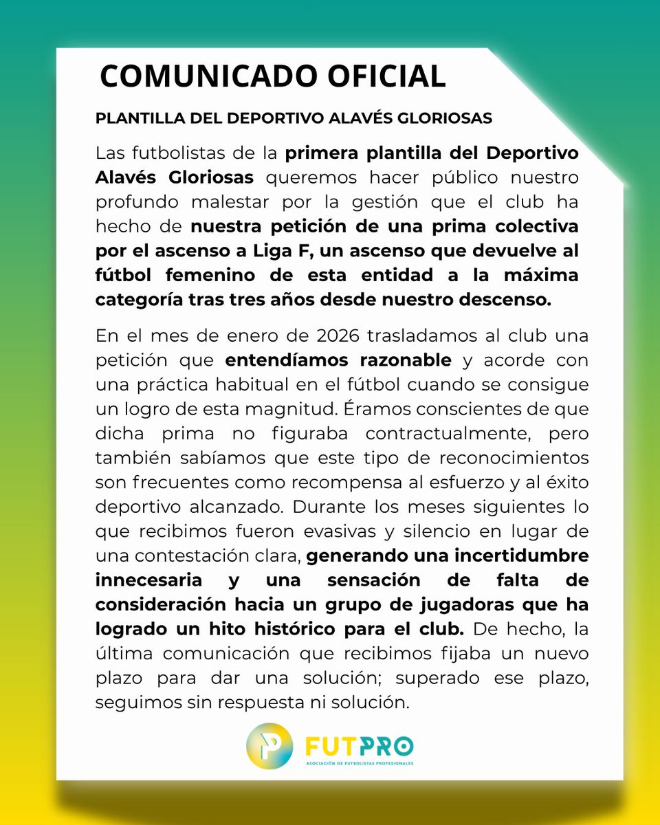 futpro_es's tweet photo. Comunicado de la plantilla del Deportivo Alavés Gloriosas 

Las futbolistas han querido hacer público su malestar por la gestión de su petición de una prima colectiva tras el ascenso a Liga F.
Desde FUTPRO seguiremos trabajando para defender a nuestras futbolistas. https://t.co/CVH05oG7Te