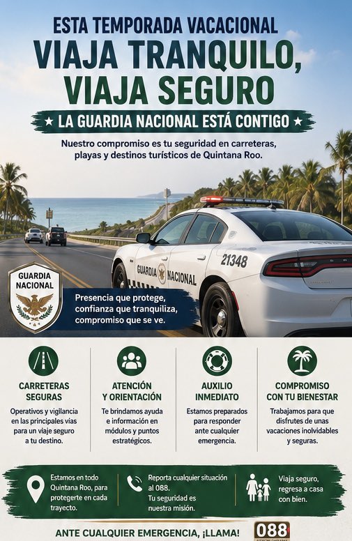 GNQRoo's tweet photo. La Guardia Nacional fortalece su presencia en playas, carreteras y destinos turísticos de Quintana Roo para brindar seguridad, orientación у apoyo a la ciudadanía y a los visitantes.
Tu seguridad es nuestra prioridad.
#GuardiaNacional #QuintanaRoo
#ProtecciónCiudadana https://t.co/ZcGtdl6ORc